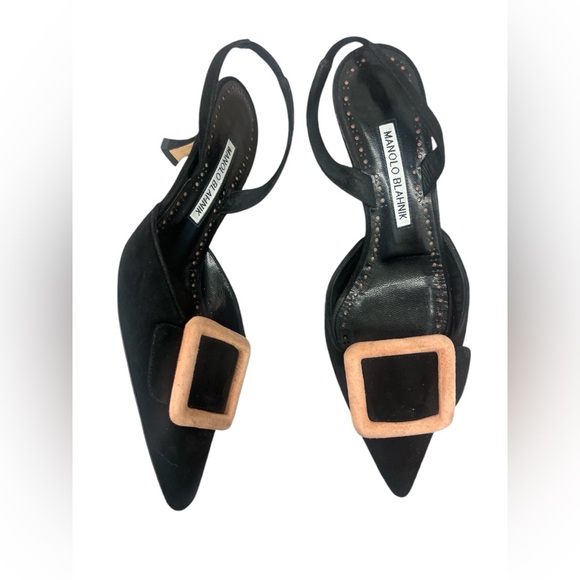Manolo Blahnik Maysli Buckle Slingback in Suede Kitten Heel Black Size 37 - Picture 3 of 7